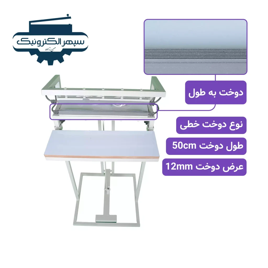 دستگاه دوخت پلاستیک پدالی / دوخت به طول (خطی) / طول دوخت 50cm، برای بسته بندی محصولات مورد استفاده قرار می‌گیرد